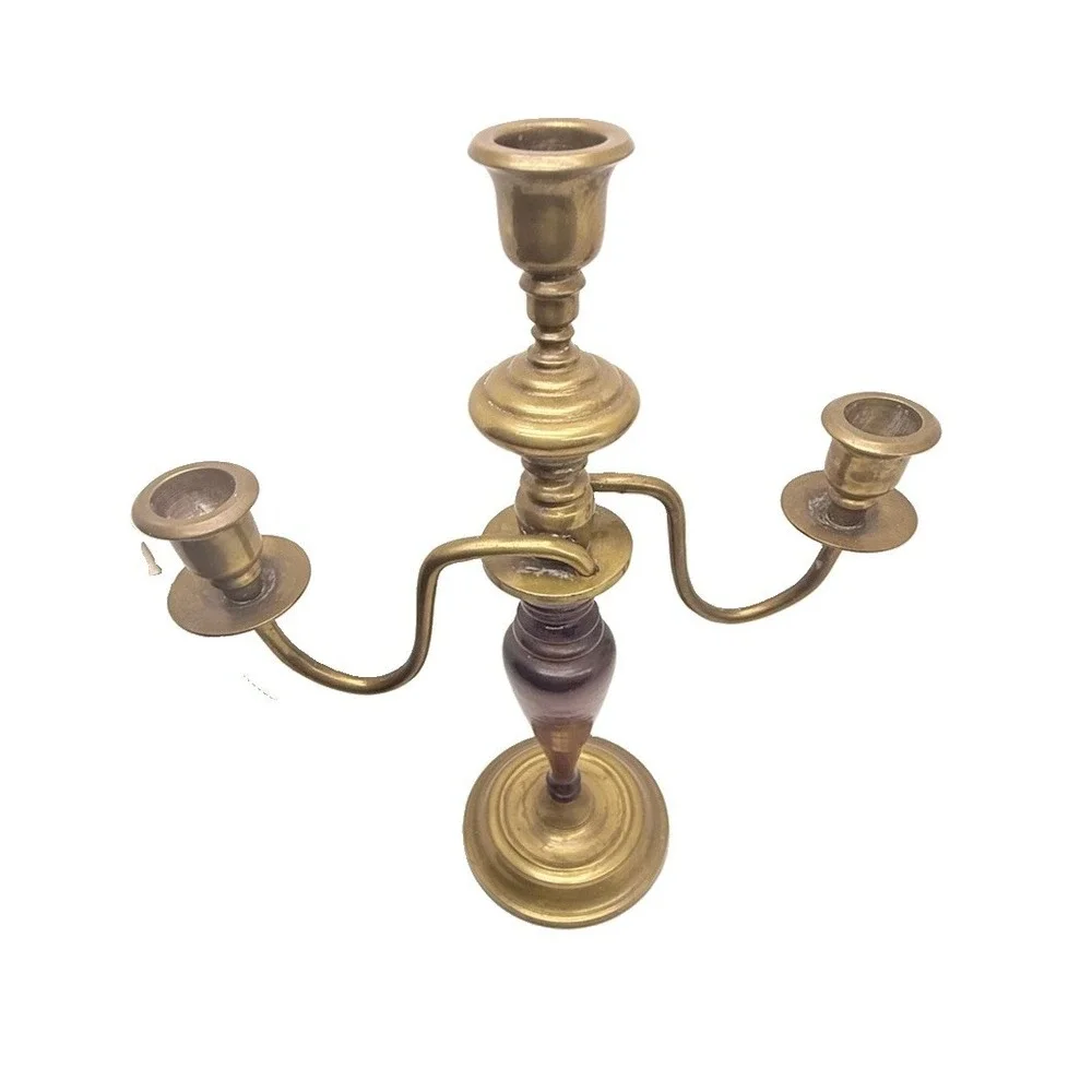 Vintage Brass Mahogany Wood 3 Arm Candelabra Dark Academia English Country